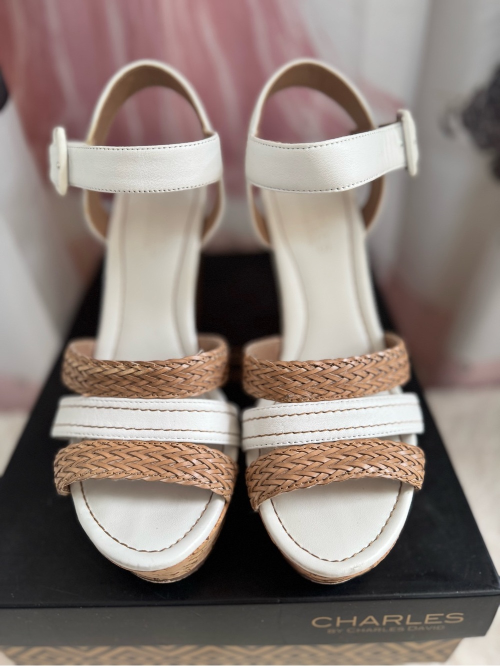 Charles by David Women’s wedge platform White and Tan Braided-Strap Sandals.